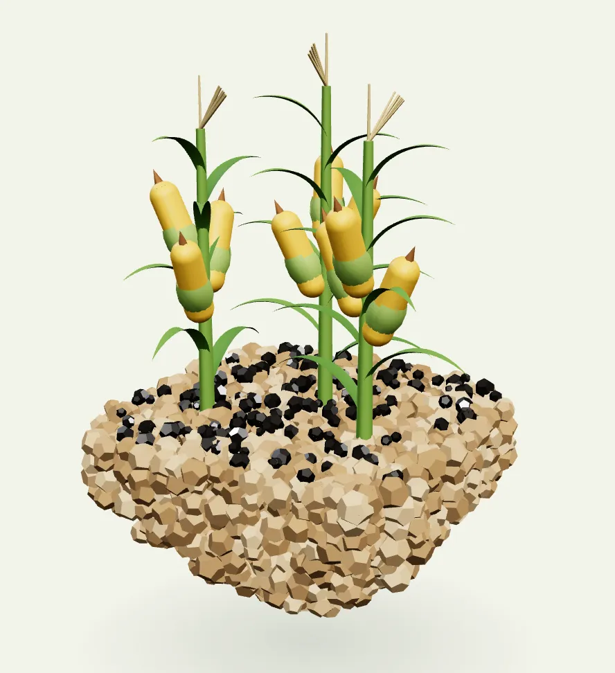 Bloque de suelo flotante con plantas de maíz y gránulos negros de leonardita