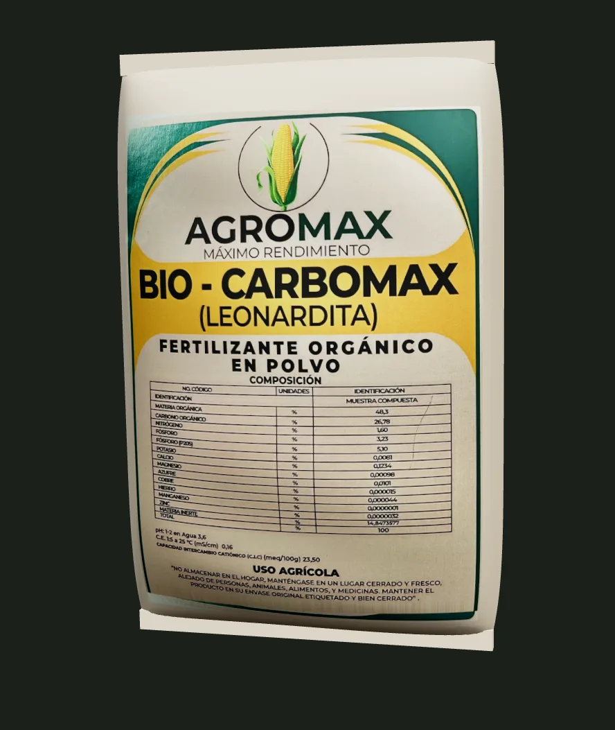 Saco de BIO-CARBOMAX, fertilizante orgánico en polvo a base de leonardita de Agromax